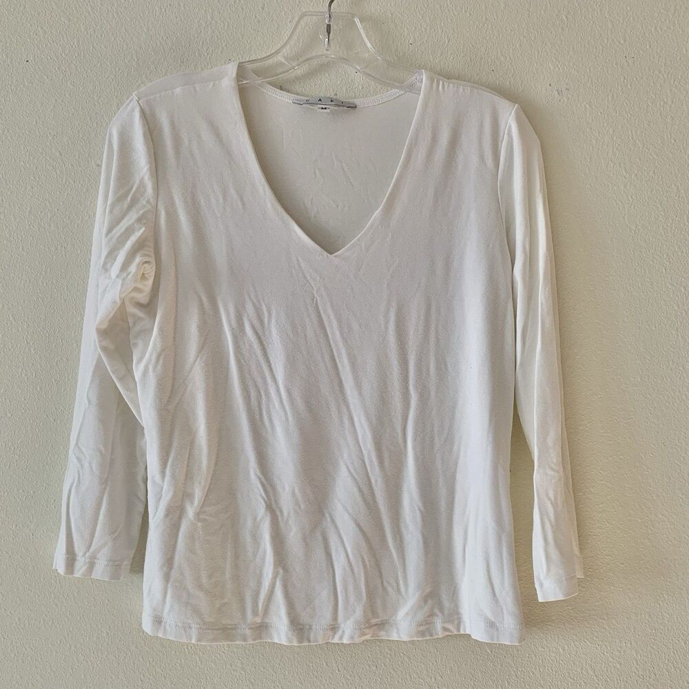 Cabi Women’s White Solid Knit V-Neck 3/4 Sleeve Pullover Top Size M Made USA
